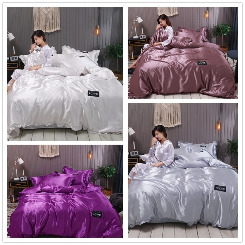 

High Quality Red Purple White Solid Color Satin Bed Set Quilt Cover Lace Sheet Pillowcase For Single Split Bed Double Bed