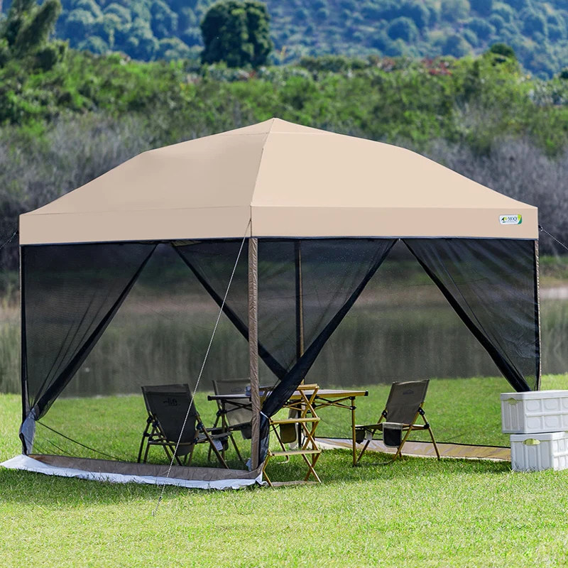 Outdoor pop-up awning, beach camping instant canopy, pavilion tent with side wall 10x10 feet  khaki sunscreen rainstorm proof
