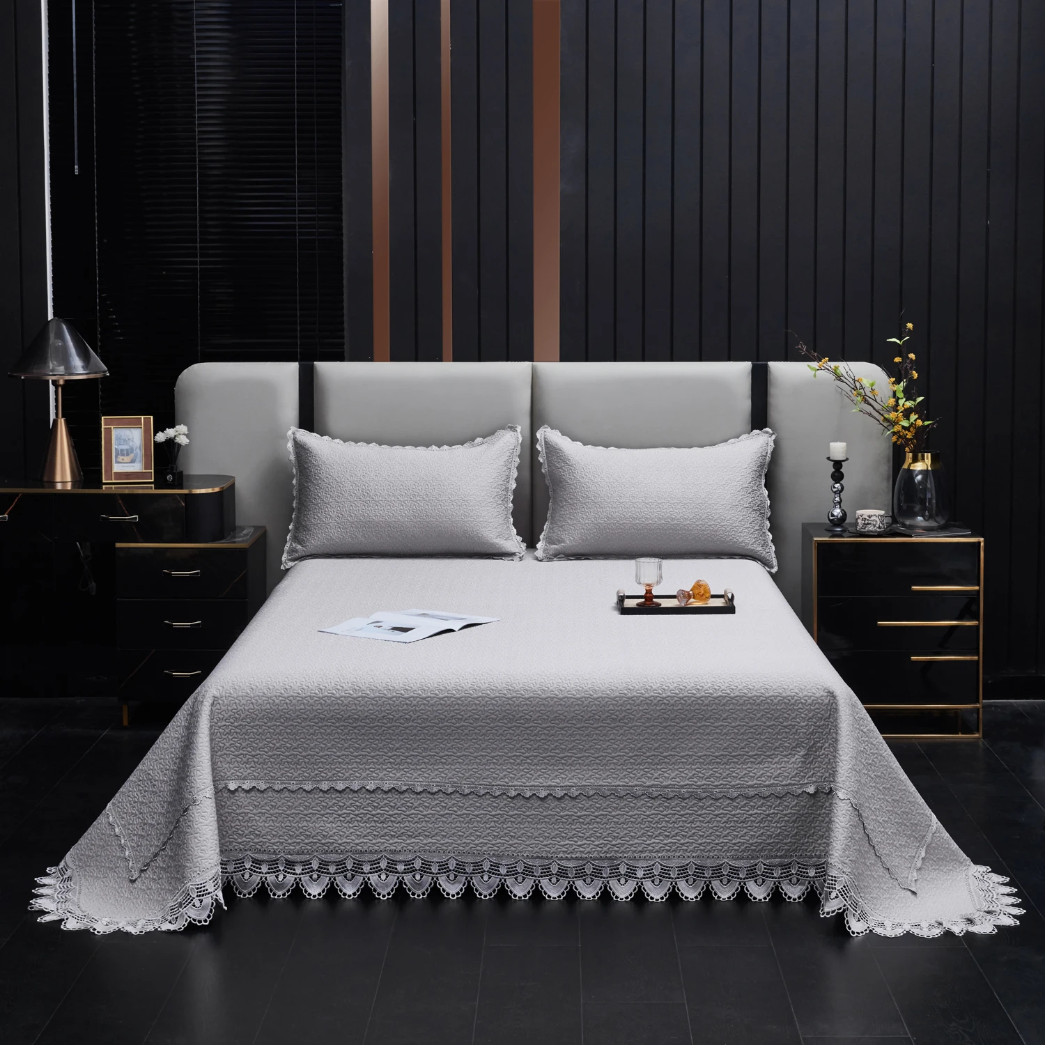 

3Pcs Grey Soft Modal Fiber Quilted Bedspread Lace Edge Bed Cover Mattress Topper Coverlet Bed Sheet With Pillowcases Bedding Set