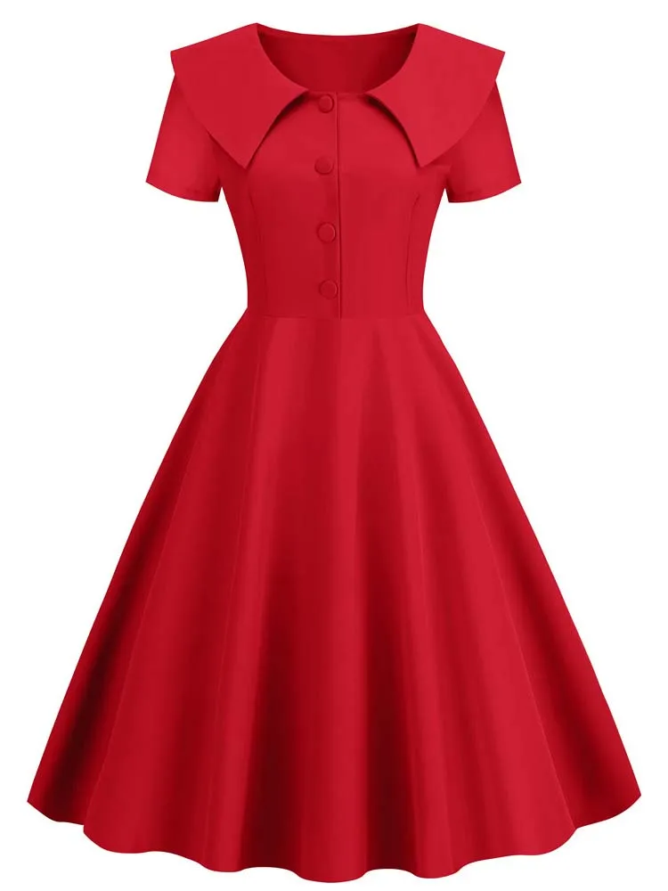 Vintage 50s High Waist Pleated Midi Dress for Women Elegant Peter Pan Collar Solid Sundress for Party 4