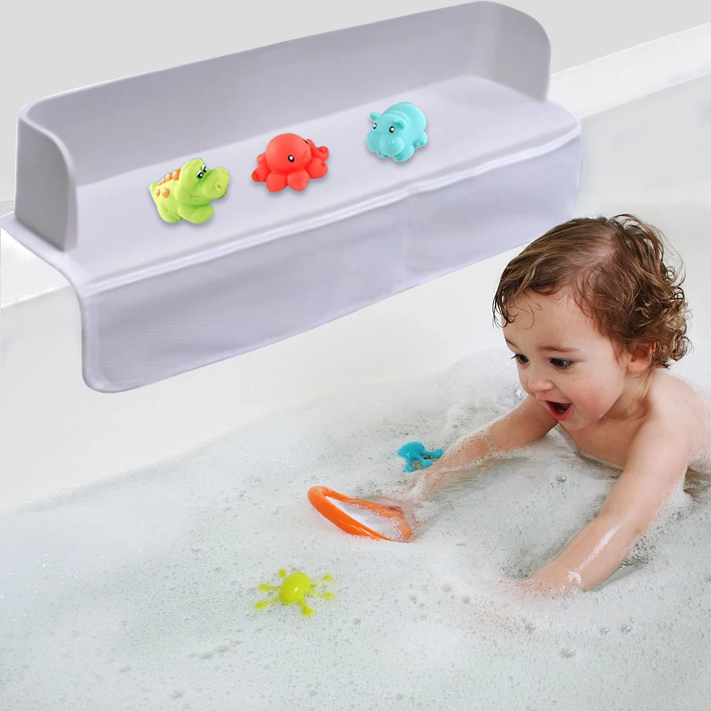Bathtub Splash Guard Silicone Baby Bath Toy Storage Rack 4 Mesh Pockets Tub Shelf Toy Organizer Shelf for Toddlers Kids Baby