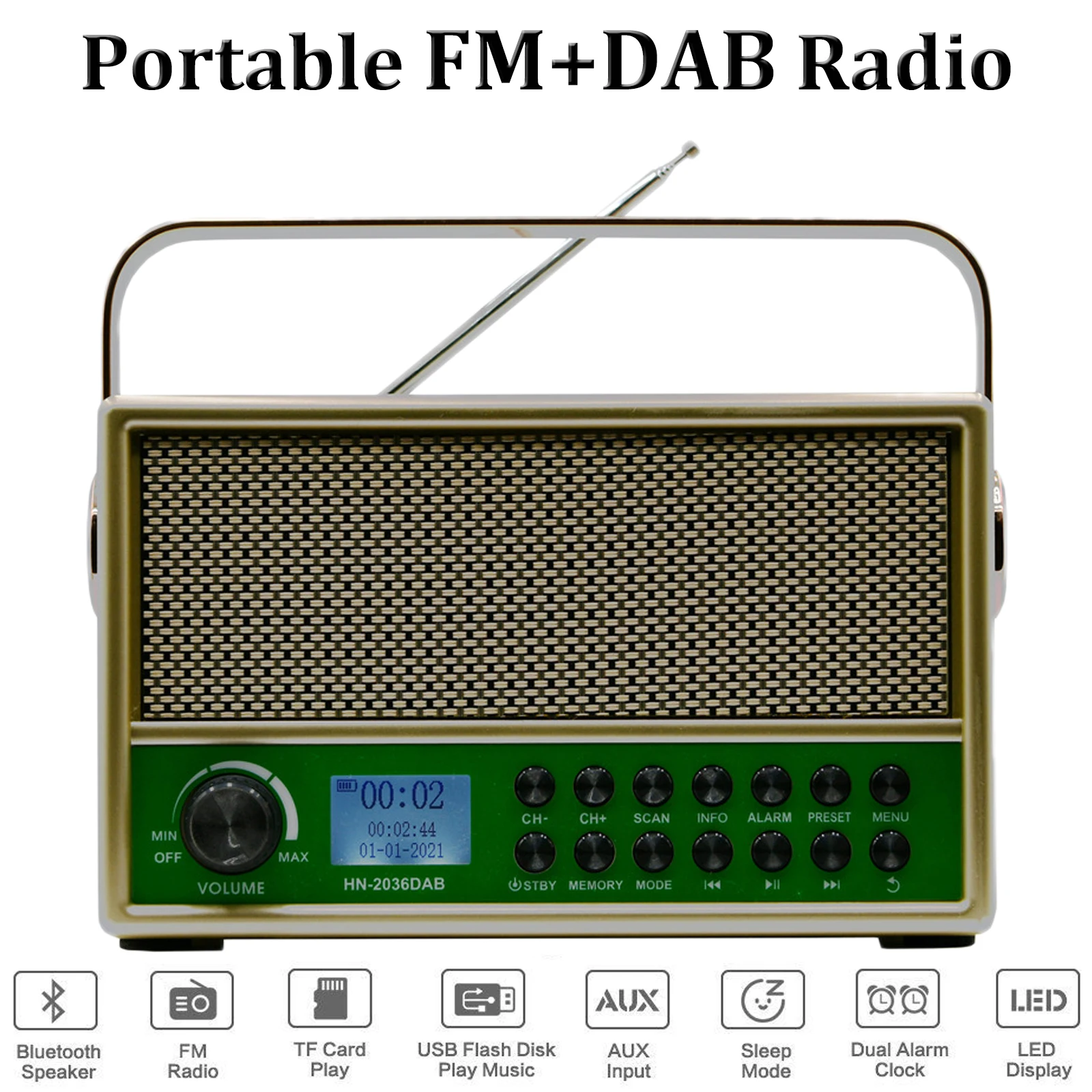 Portable Dab Radio Retro Digital Fm Receiver Bluetooth Speaker Tf/usb/aux Mp3 Player With Led Display Support Dual Alarm - Radio