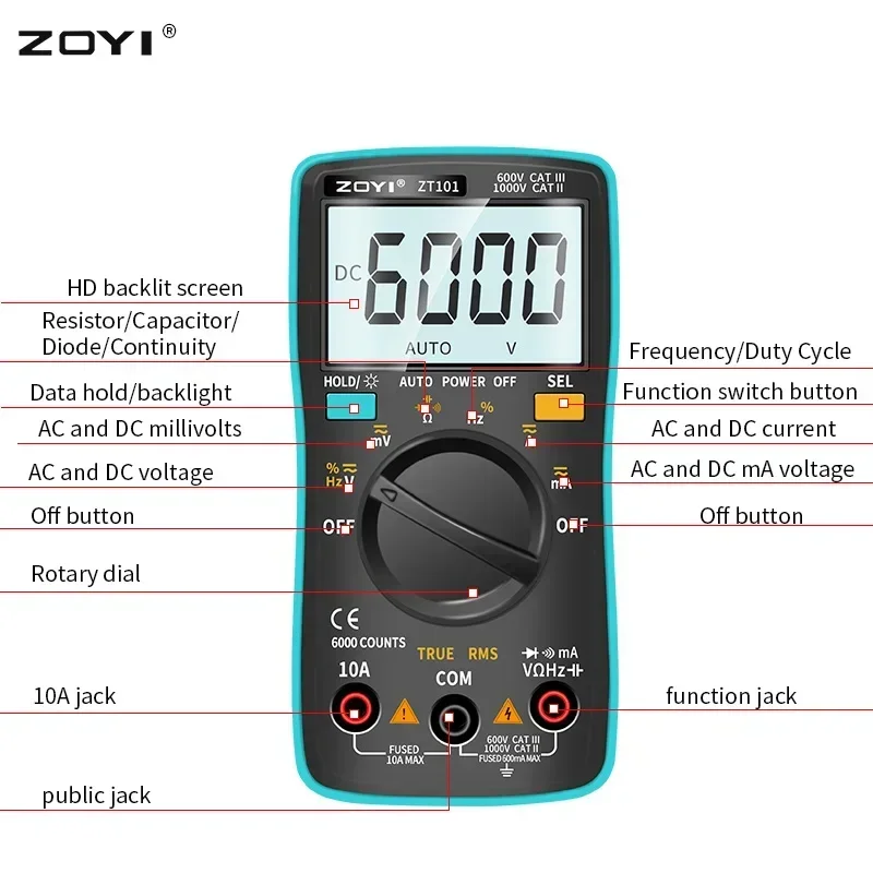 ZOYI ZT101 Digital Multimeter 6000 counts Back light AC/DC Ammeter Voltmeter Ohm Frequency Diode Temperature