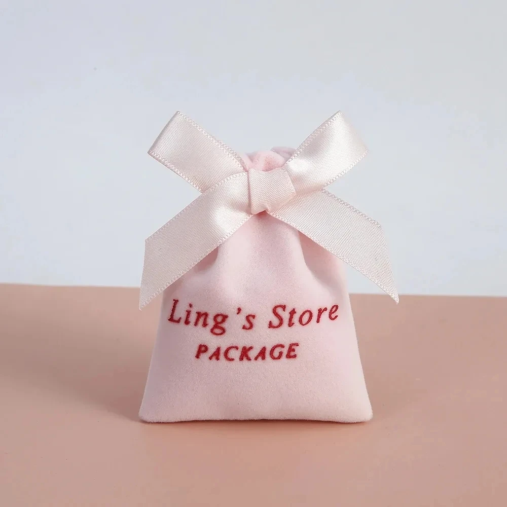 

100 Pink Velvet With Ribbon Gift Bags Custom Personalized Logo Jewelry Packaging Pouches for Chic Christmas Wedding Favor Bags