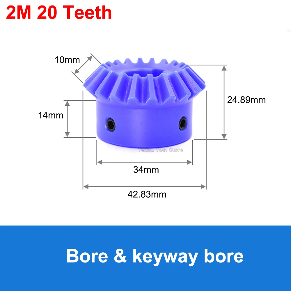 

1PCS 90 Degree 2 Module Bevel Gear Blue Nylon 20 Teeth 25 Teeth 30 Teeth Meshing Angle Gear Keyway Bore