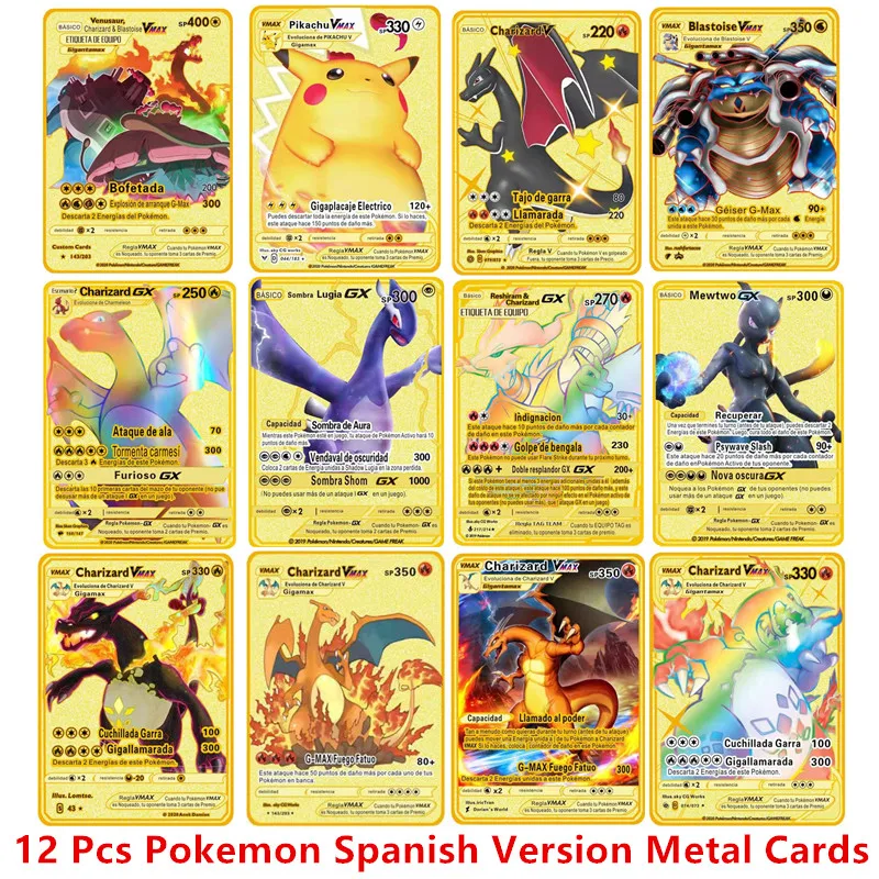 Pokemon Cards English Espanol Version 6-12 Pcs/Set Pokemon Metal Card Anime Figure Charizard Pikachu Battle Collection Carte Cards Toy Gifts game cards collectible cards anime cards anime trading cards