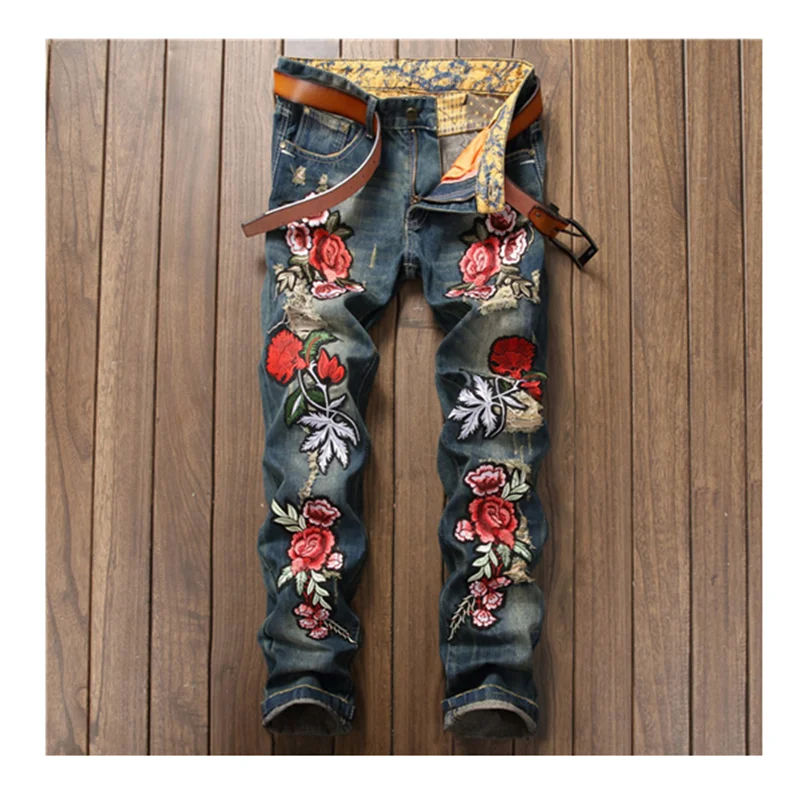 Ripped Print Floral Jeans Pants Men's Straight Denim Trousers