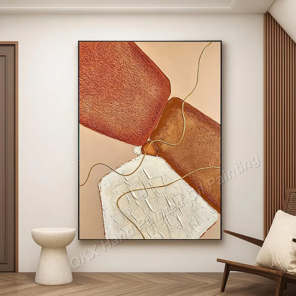 Dipinto a Olio su Tela Fatto a Mano, Decorazione Murale per Soggiorno, Arte su Tela Geometrica Wabi-Sabi con Linee Dorate Verticali in Impasto - immagine 4