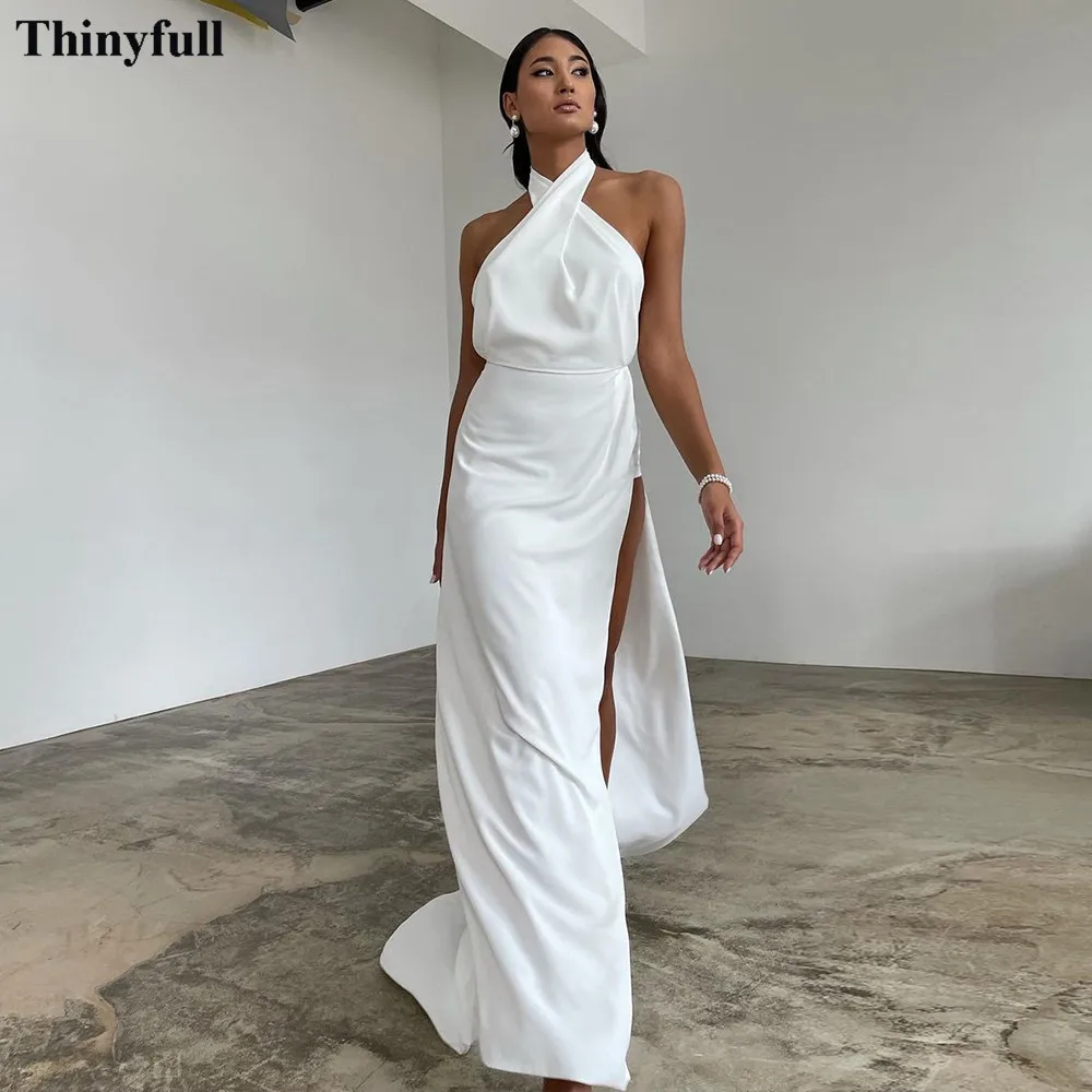 

Thinyfull Simple Criss Cross Halter Wedding Dresses Princess Mermaid Wedding Paty Gowns High Slit Side Bride Bridal Dress 2022