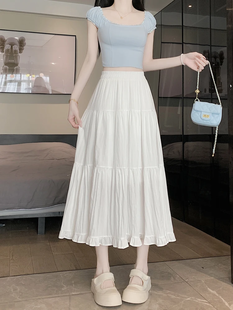 White cake skirt skirt women's summer new small high waist thin drape ruffle edge a word long skirt