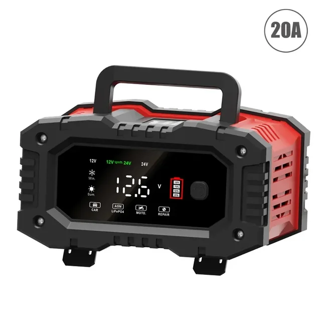 FOXSUR 20A/10A Car Motorcycle Battery Charger 12V/24V Smart Charger Lithium AGM GEL Lead-Acid LiFePO4 Battery Charger