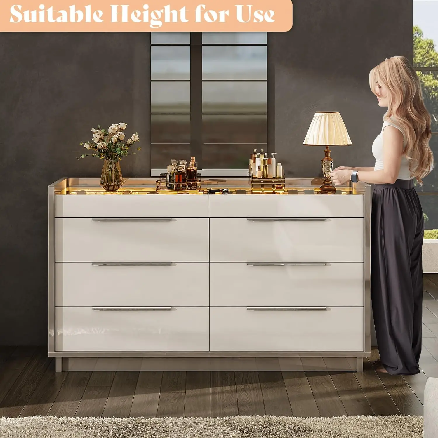XMSJ 8 Drawer Dresser with LED Light and Glass Top - decorative presentable