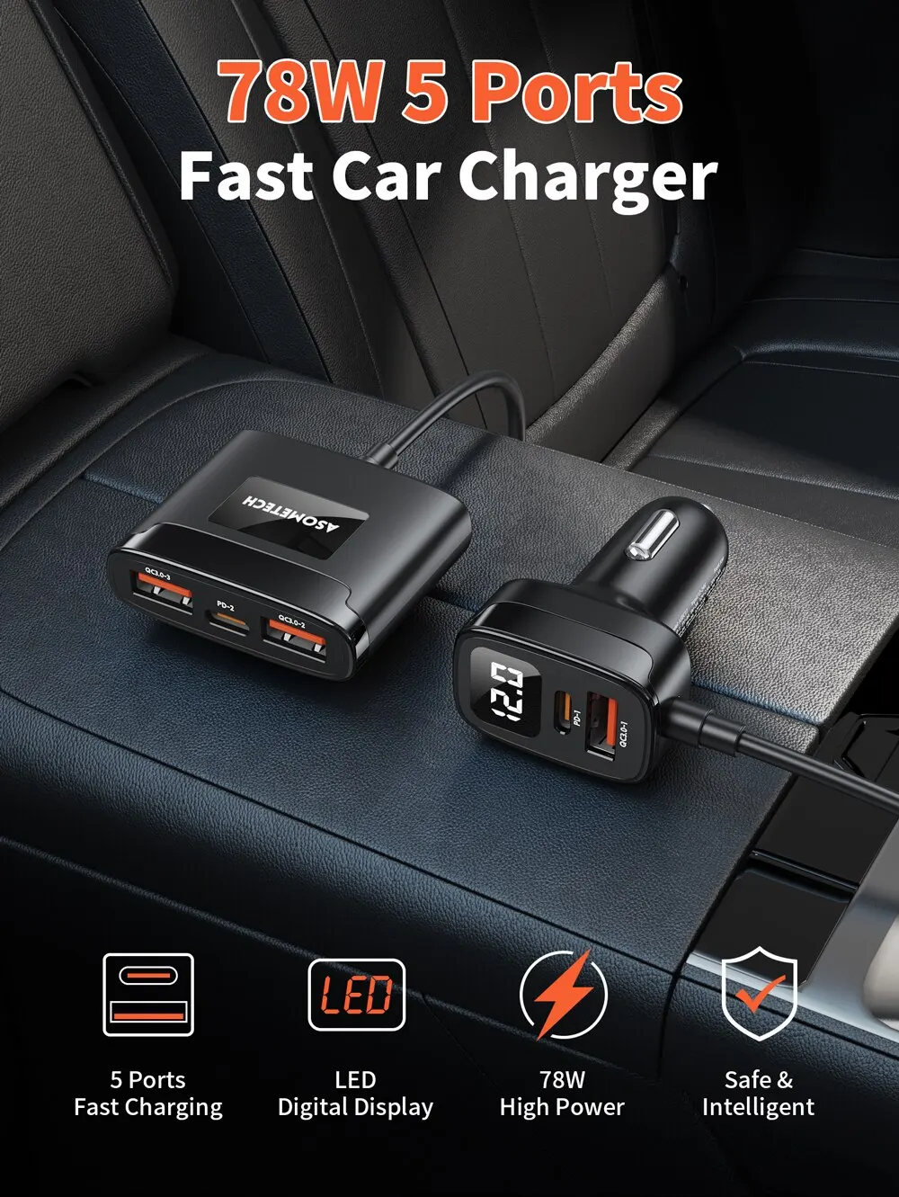 Asome tech 78w usb auto ladegerät 5 ports qc 3,0 pd 3,0 scp usb typ c schnell ladegerät für iphone samsung tablet xiaomi auto usb ladegerät – Detail 3
