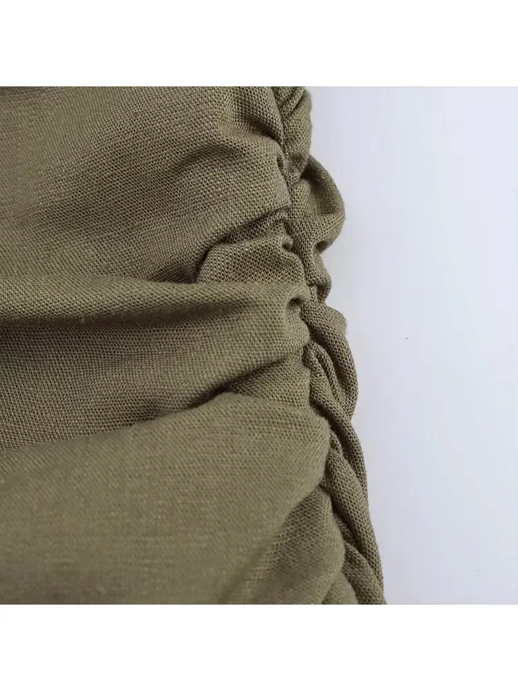 TFMLN 2025 Chic Women's Solid Folds Dresses Fashion Lapel Short Sleeve Single Breasted Slim Causal Dress Retro Side Zipper Dress