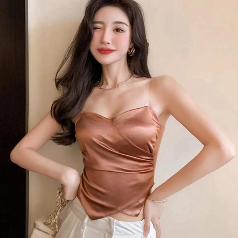 

2023 Summer Women Outfit Satin Corset Crop Top with Chest Pad Strapless Sexy Off Shoulder Party Sleeveless Bustier Tank