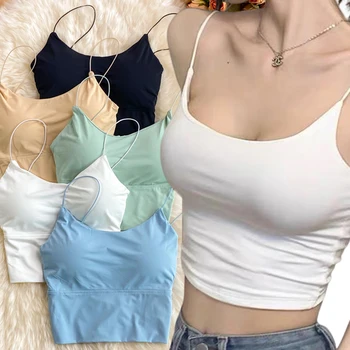 여성용 여름 브라 아이스 실크 크롭 탑, 스포츠 스파게티 스트랩 조끼 탑, 섹시한 내장 브라, 오프 숄더 민소매 캐미솔 속옷