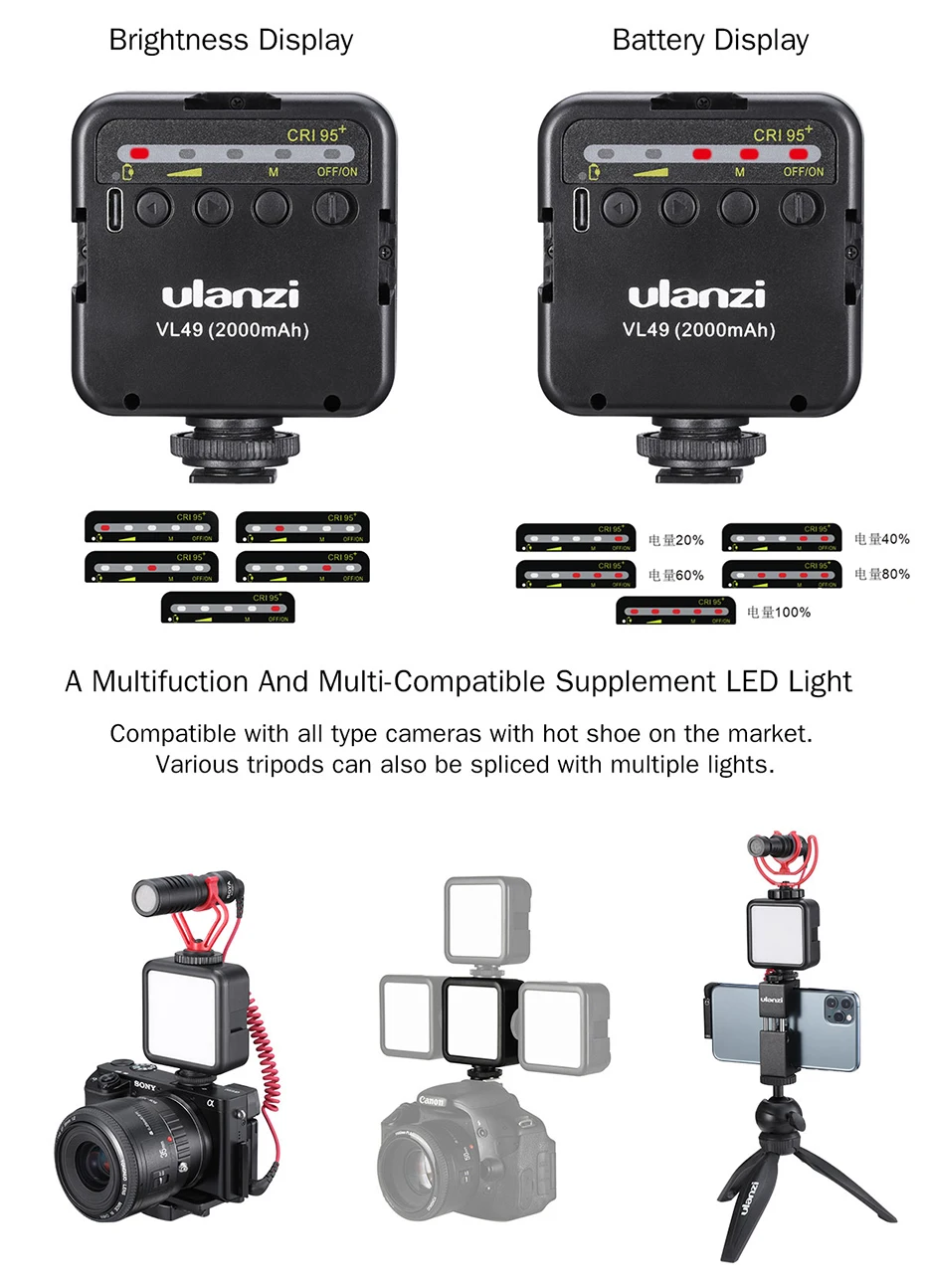 VL49 Mini LED Video Light 2000mAh CRI 95+ 5500K Portable Photography Vlogger Fil
