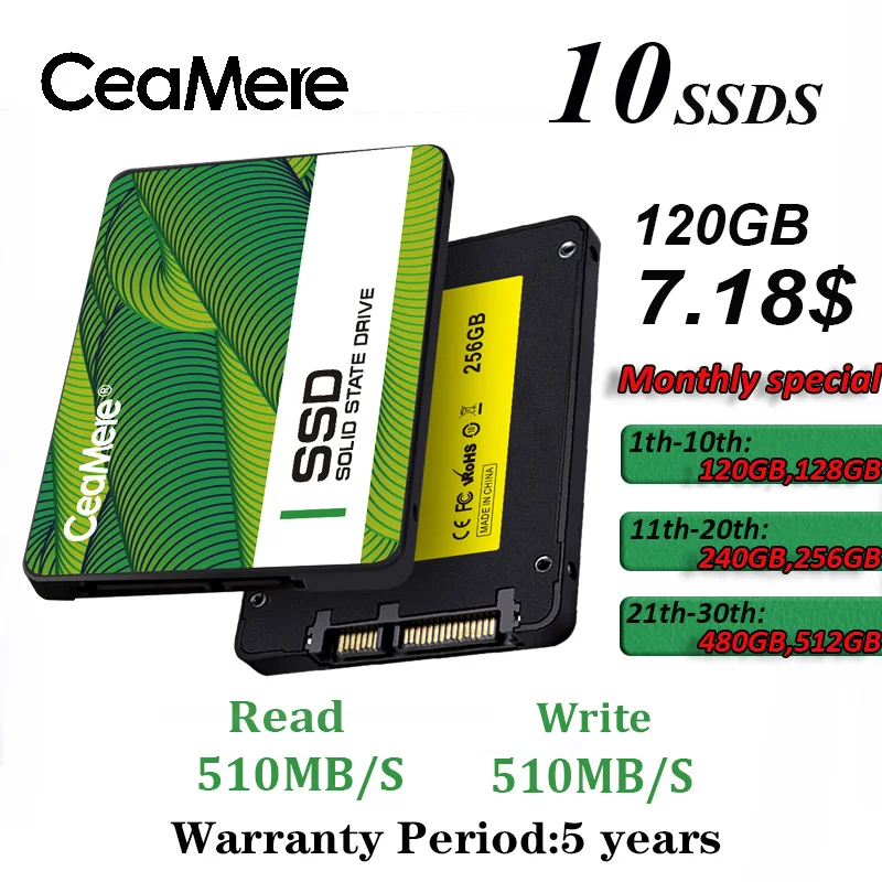 10PCS SSD SATA 3.0 128GB 256GB 512GB 1TB 2TB 2.5 Inch SATA III Desktop  Notebook Internal Solid State Drive SSD 1TB