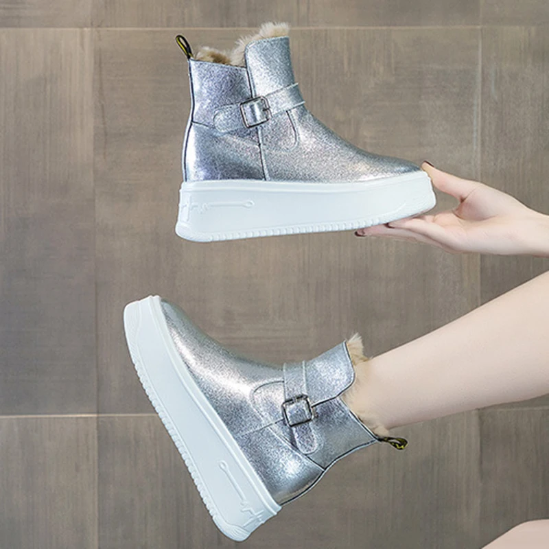 7.5CM Thick Sole Women New Zipper Thicked Plush Snow Boots Fashion Winter Autumn Ladies Hidden Heels Plush Warm Females Shoes