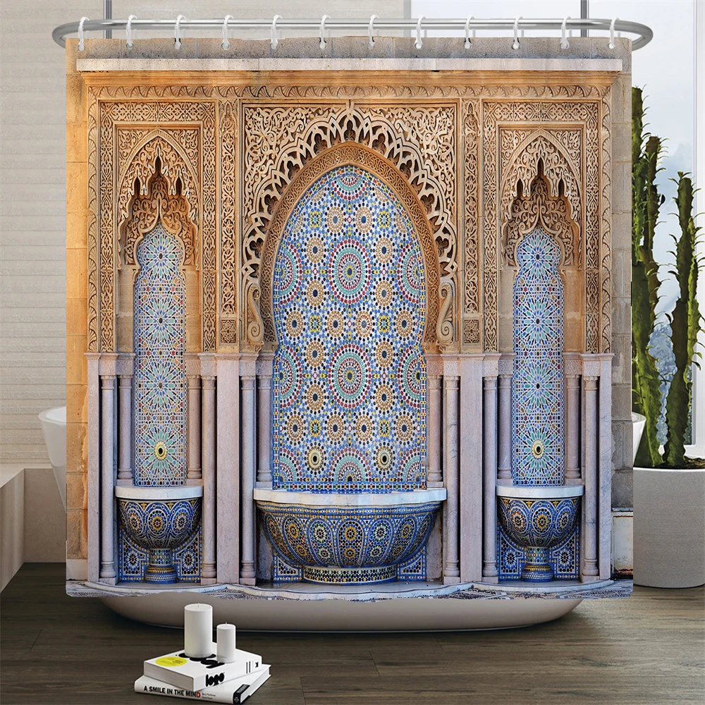 3d marocké styl sprcha záclona evropský architektonický krajina potištěné vodotěsný polyesterová koupelna záclona dekorace s háčků