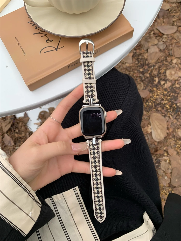 Luxury Houndstooth Woolen Cloth Strap For Apple Watch 41mm 38mm 40mm Metal  Design Leather Band For iwatch Series 8 7 6 SE 5 4 3