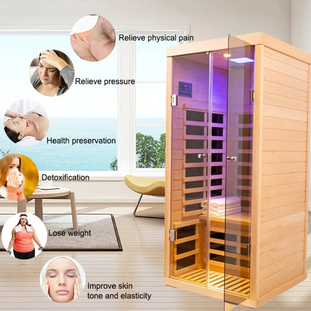 1 Person Infrared Sauna for Home,Luxury Personal Indoor Sauna Spa,1420w/120v Ultra Low EMF Infrared Sauna,App&LCD Panel Controls 5