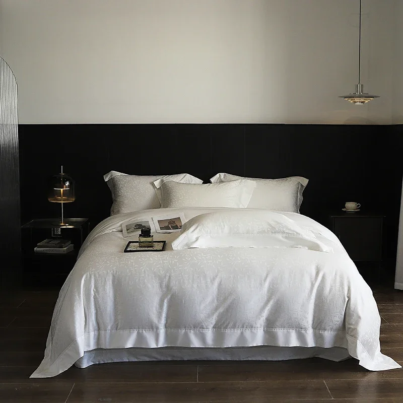 1000TC Egyptian Cotton Satin Jacquard Bedding Set, Luxury Silky Soft Duvet Cover, Flat/Fitted Bed Sheet Pillowcases 4Pcs