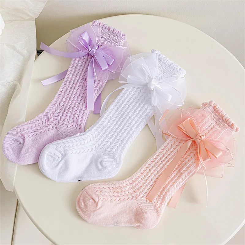 

Suefunskry Baby Girls Knee High Socks Soft Breathable Mesh Long Socks Spring Summer Stockings with Tulle Bow for Toddlers