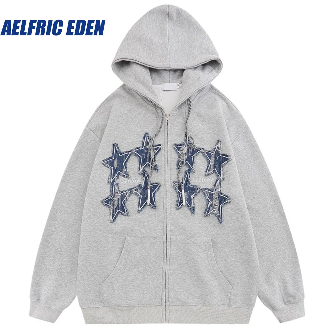 

Aelfric Eden Embroidery Denim Patch Zip Hoodie Sweatshirt Y2K 2023 Hip Hop Star Hooded Jacket Streetwear Men Casual Loose Hoodie