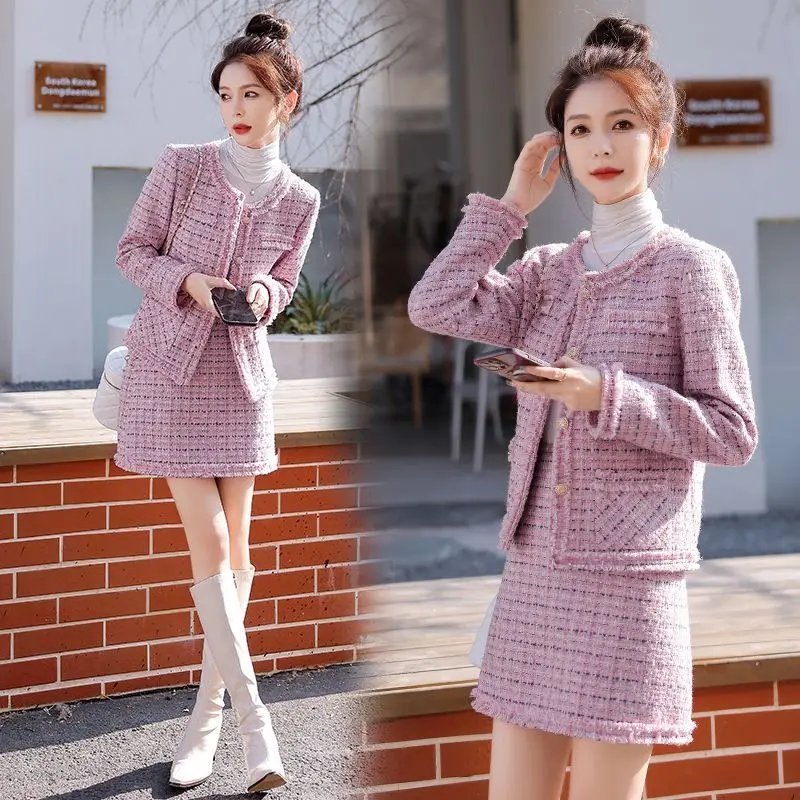 

UNXX Mature Style Tweed Dress 2 Piece, Autumn Winter 2023 Fitted Tweed Coat + Midi Skirt Matching Set High Quality Fashionable