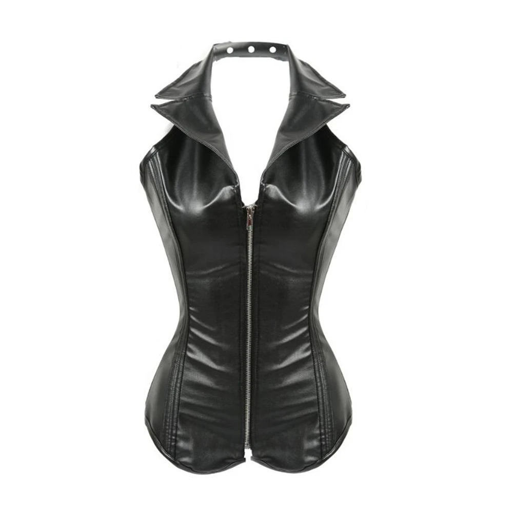 

Gothic Steampunk Corset Tops Women Vintage Faux Leather Zipper Bustier