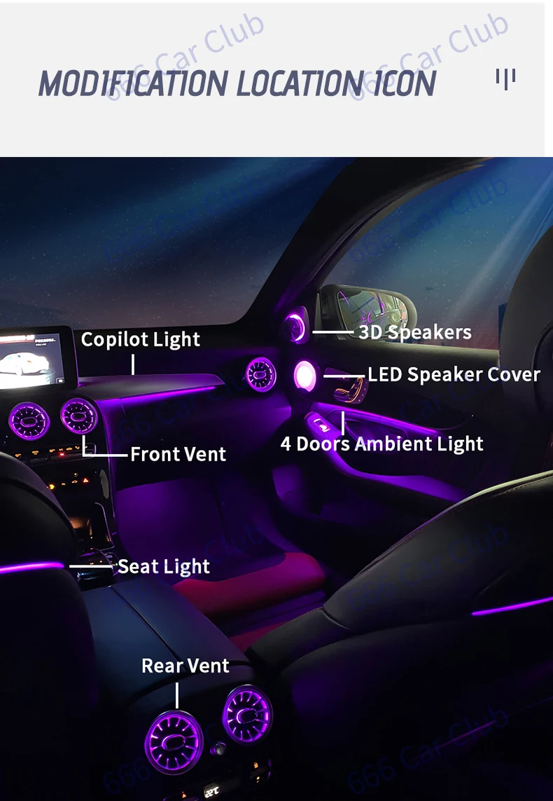 12/64 Colour Car LED Ambient Light For Mercedes-Benz C GLC Class Coupe W205 C43 C63 X253 LED Air Vent 3D Speaker Decorative Lamp