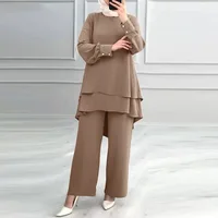 Ensemble 2 pièces pour femmes musulmanes, chemisier, Double haut, pantalon à jambes larges, costume marocain, Ramadan, Ensemble décontracté, tenues pantalon arabe de dubaï 2