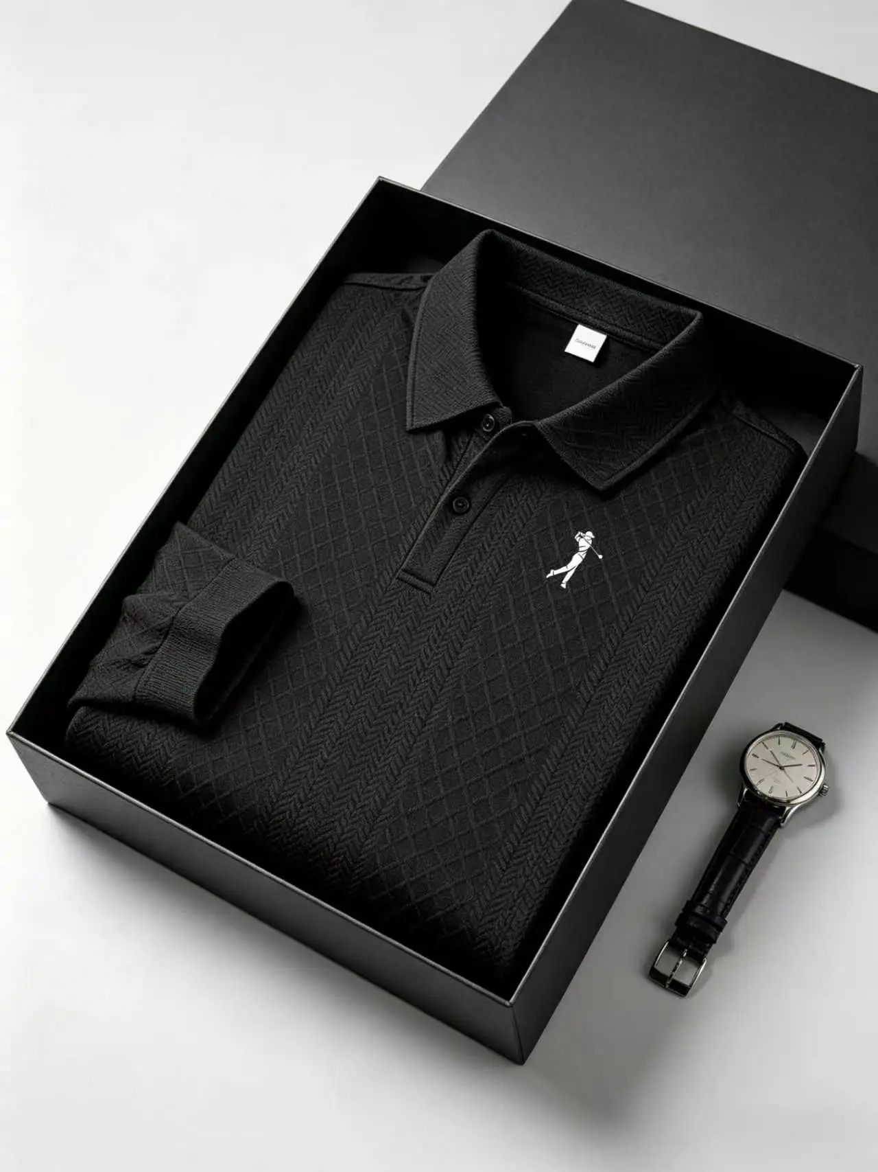 Polo a Maniche Lunghe Jacquard Testurizzato Milano Italia per Uomo, Casual Business Golf Pullover Top - immagine 2