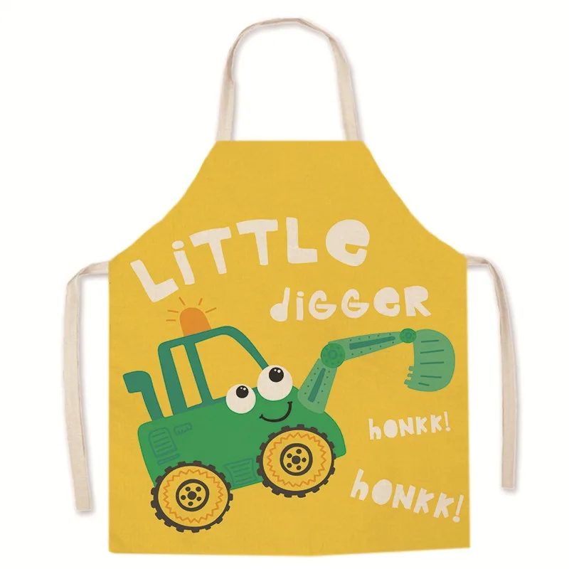 Cute cartoon excavator car burger pattern linen apron halter neck sleeveless apron kitchen cooking cooking bib 3