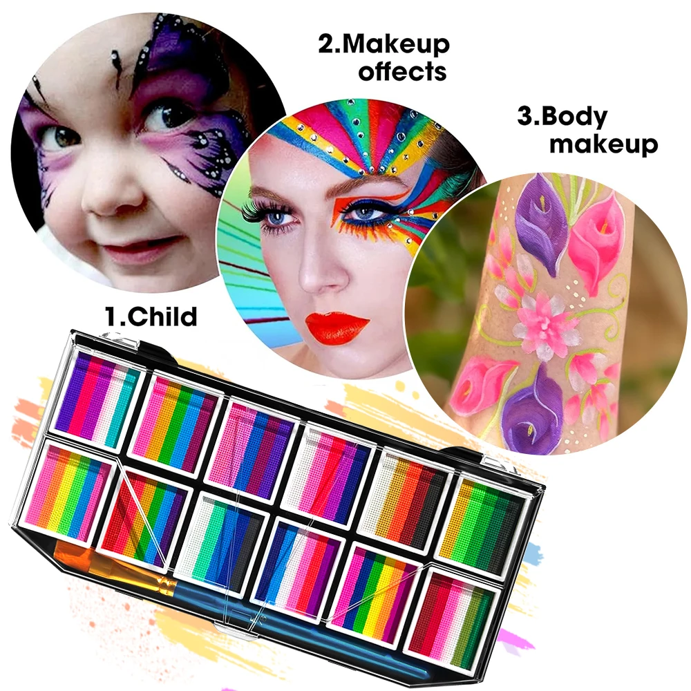 12 Colours Water-Soluble Rainbow Palette Children's Face Body Paint, Halloween Stage Makeup Body Paint Pigments Face Makeup 3