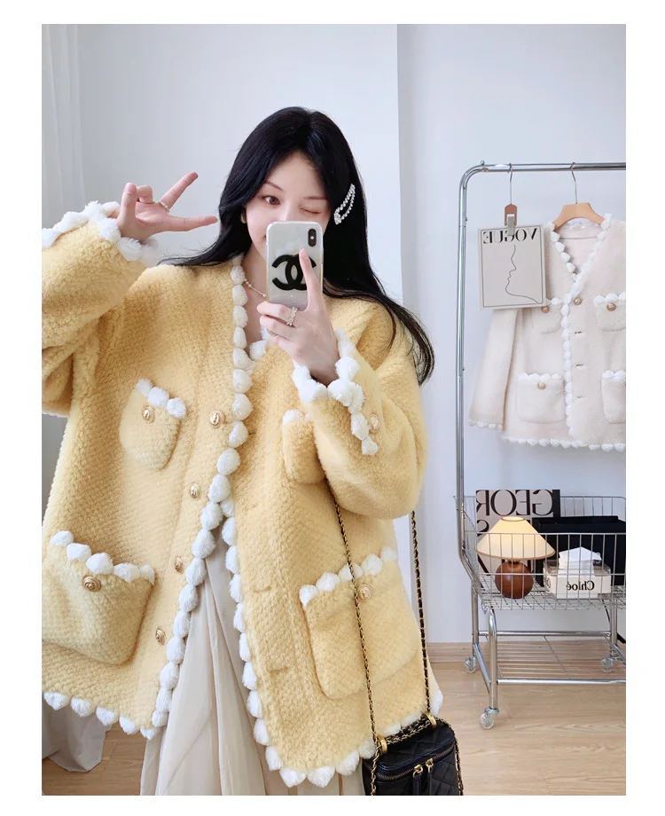 

2024Hot Sale Fashion Sheep Shearling Coat Women's Pure Wool Fur Coats Winter New in Outwears Female Elegant Midium Lamb Wool Ja