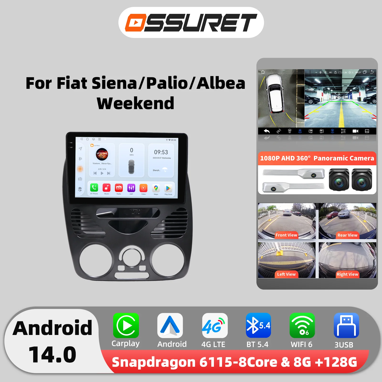 2DIN Carplay Android14 Auto radio Für FIAT Palio Albea Siena Wochenende Multimedia 6115 8 Core Autoradio GPS Stereo 360 Kamera bildschirm