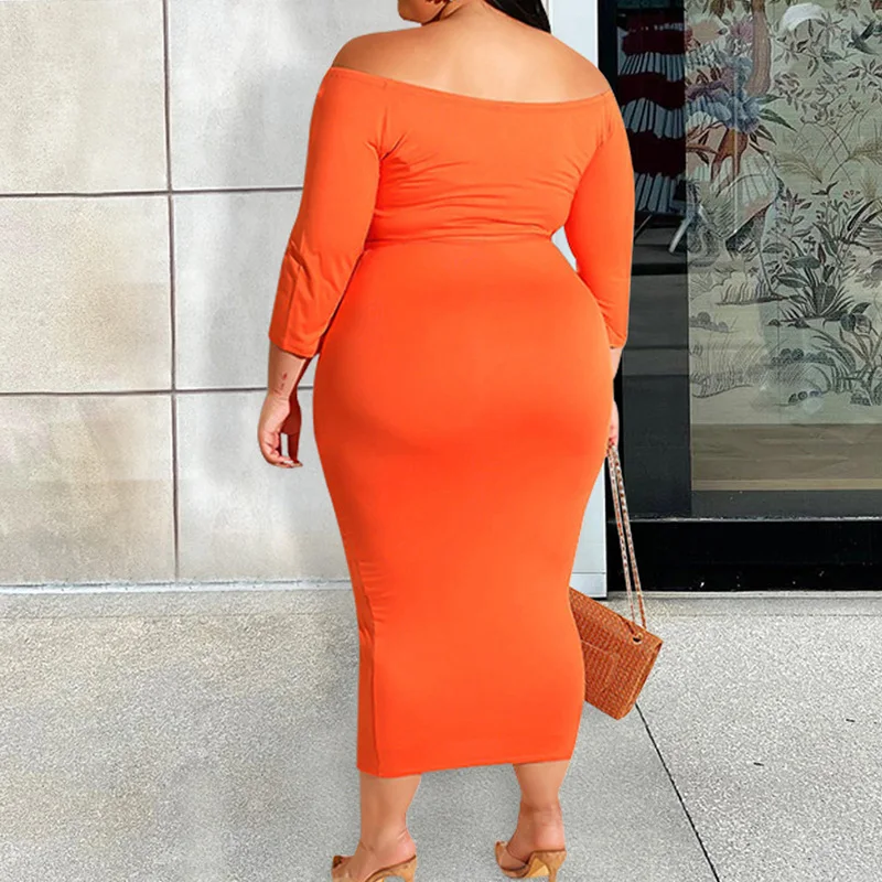 Casual Crown Graphic Print Sexy One Word Collar Bandage Three Quarter Sleeve Off Shoulder Midi Bag Hip Plus Size Lady Dresses