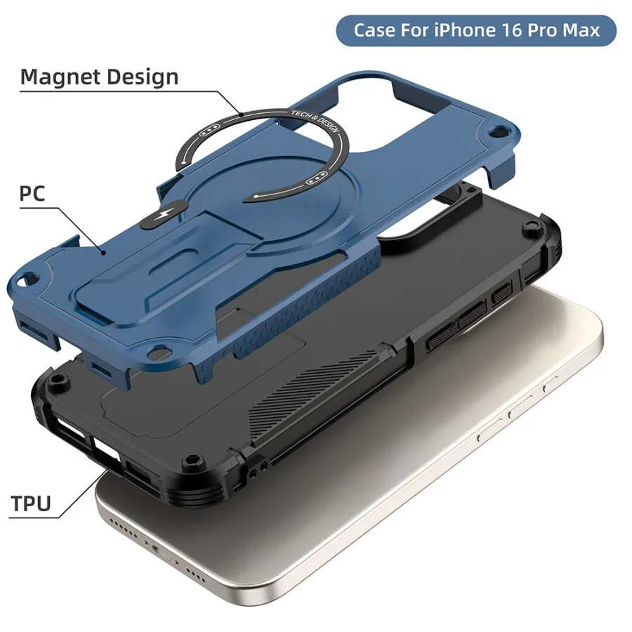 Outdoor Sturdy Magnetic Stand Armor Phone Case with Lanyard and Shockproof Protection