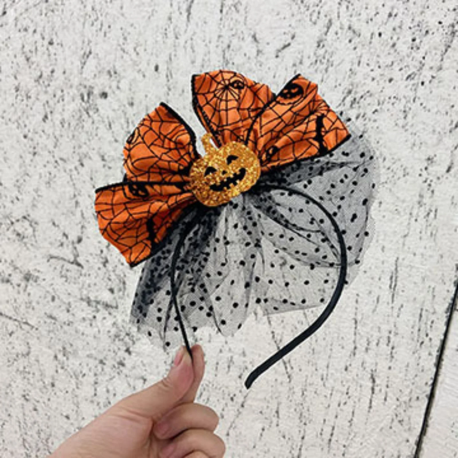 1PC  Halloween Themed Headband, Orange Pumpkin Bow With Spider Web & Black Mesh, Festive Hair Decor