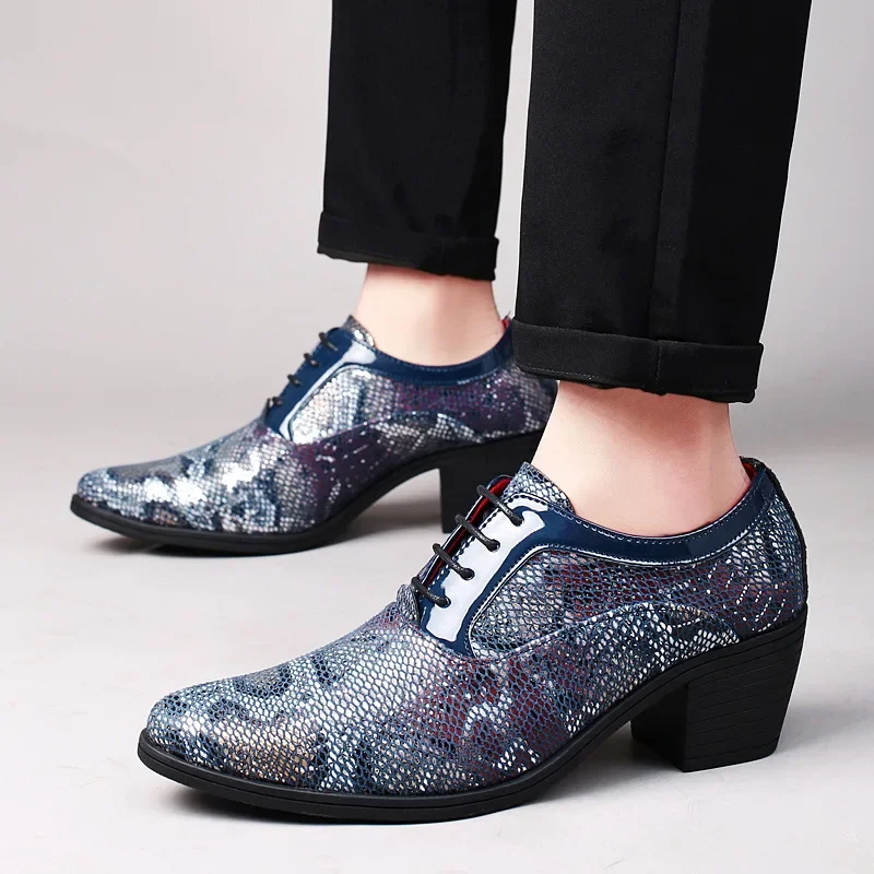 

Snake Pattern High-heeled Men's Shoes Nightclub Thick-heeled Men's Casual Leather Pointed-toe Wedding Shoes for Men Derby Shoes