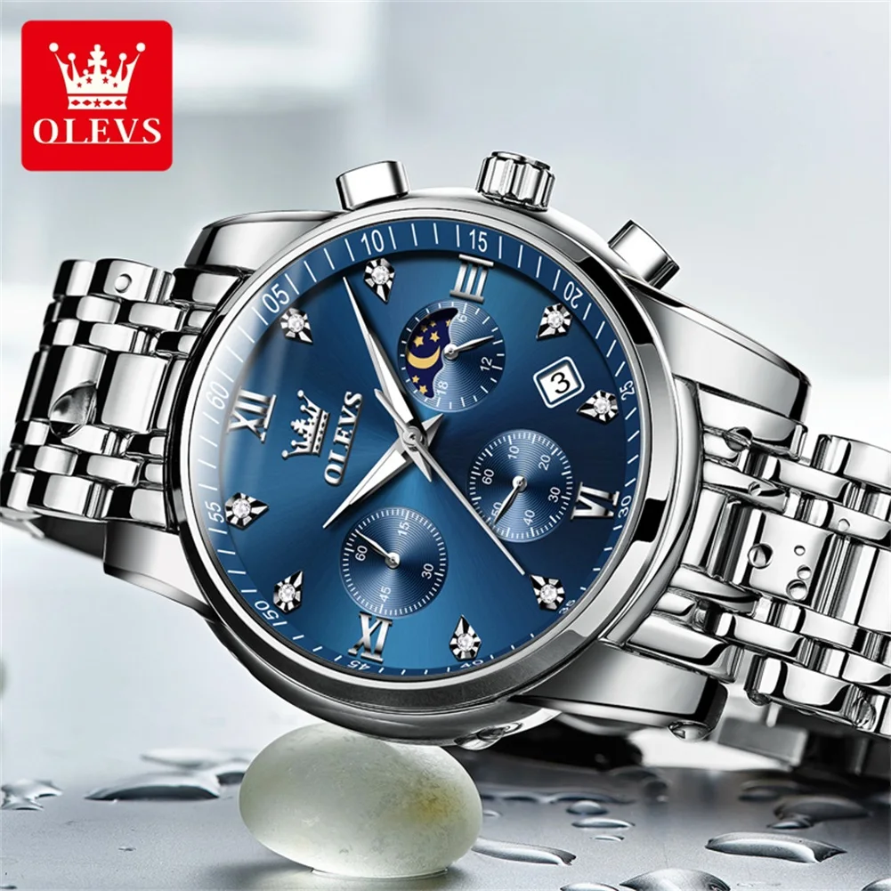 Classic Luxury Quartz Men's Watch with Moon Phase and Waterproof Stainless Steel Design