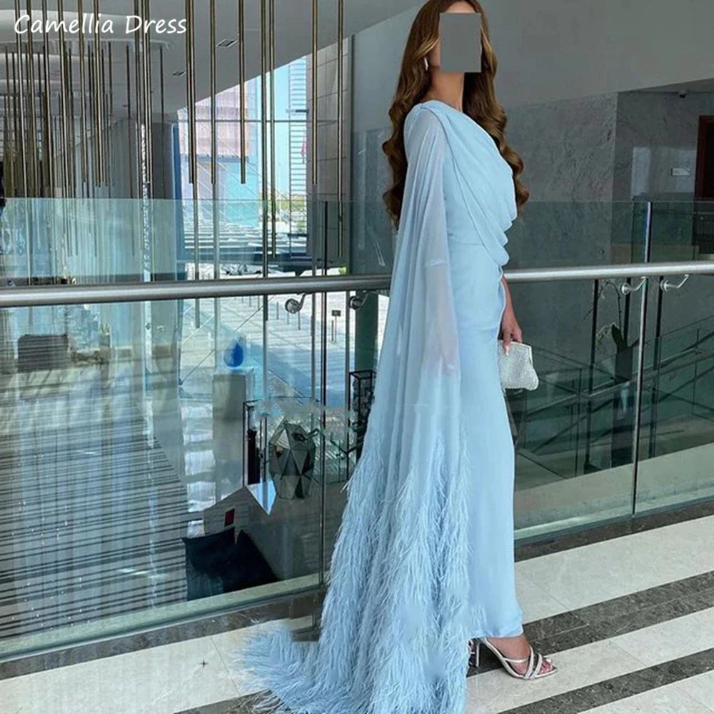 

Gorgeous Tulle Evening Dresses For Women Sexy Feather Shawl Prom Dresses Grace Blue Party Gowns Robes De Soirée فستان سهرة