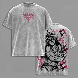 Albedo Anime Gothic Y2K Washed Oversized T - Shirt - High Quality Cotton Casual Tee - XXL (Gray)