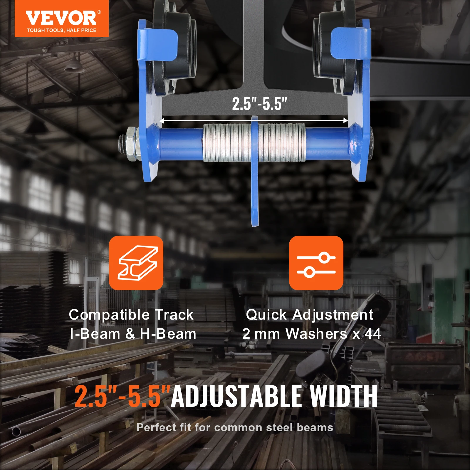 Beam Trolley Hoist 0.5/1/2/3Ton Manual Push Dual Wheels Adjustable Width 2.5-5.5in Garage Hoist for Straight Curved I Beam