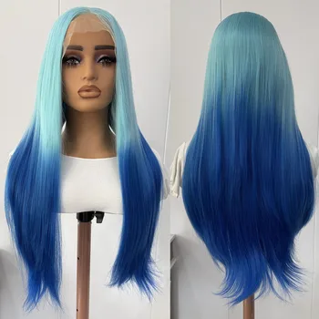 Ombre Blue Lace Front Wig 13x4 Long Silky Straight Synthetic Hair Natural Hairline Glueless Daily Use Wig Heat Resistant Cosplay