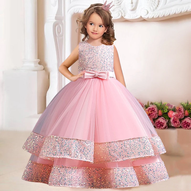 New sequin children\'s girls elegant wedding pearl petal girl dress princess party beauty pageant sleeveless lace tulle 4-12 year