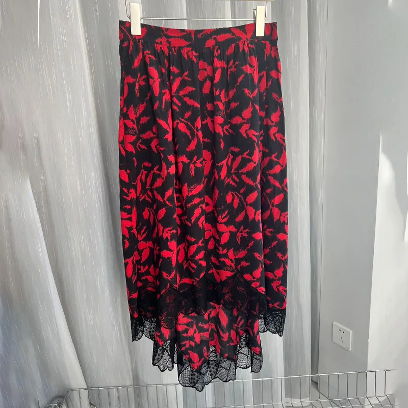 

Zadig Lace Skirts Female Chic Elegant Maple Leaf Skirt Women Knee Length Ladies Long Skirts Casual Viscose Balck Red Print Jupes