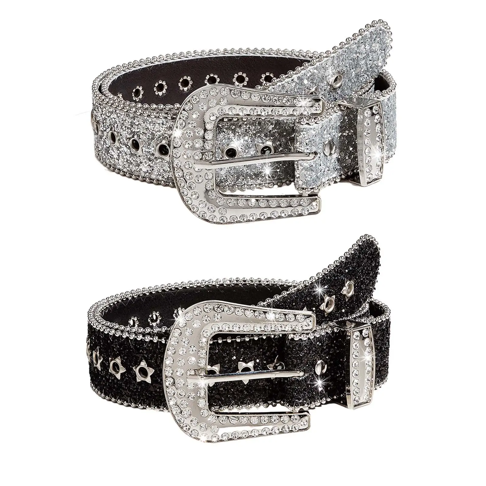 

Rhinestone Belt Metal Prong Buckle Stylish Bling for Women Cowgirl Cowboy Adjustable Waist Belt PU Leather Belt for Pants Dress